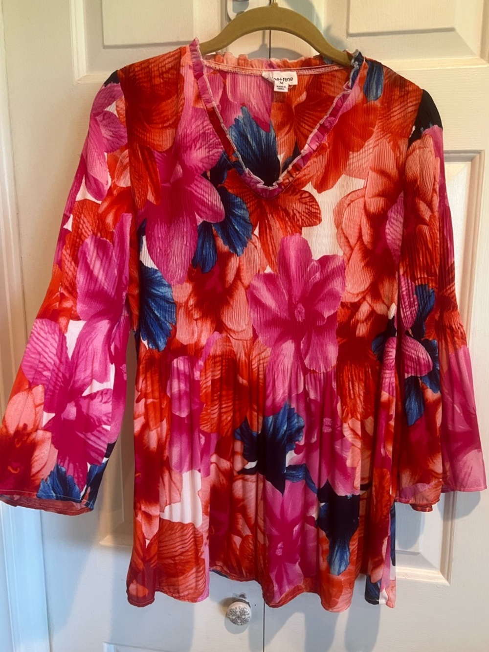Bright Floral V-Neck Women’s Blouse - Pink & Red